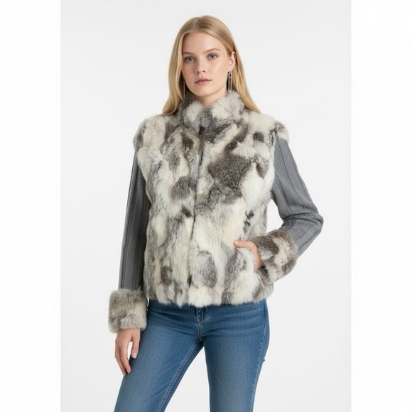 Essenza Y2K Real Lapin Fur Jacket Rabbit Fur Trim Zip Sweater Cardigan Size M - Picture 2 of 16